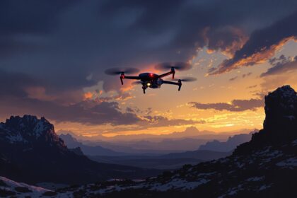 A drone flying over rugged terrain using terrain-relative navigation instead of GPS