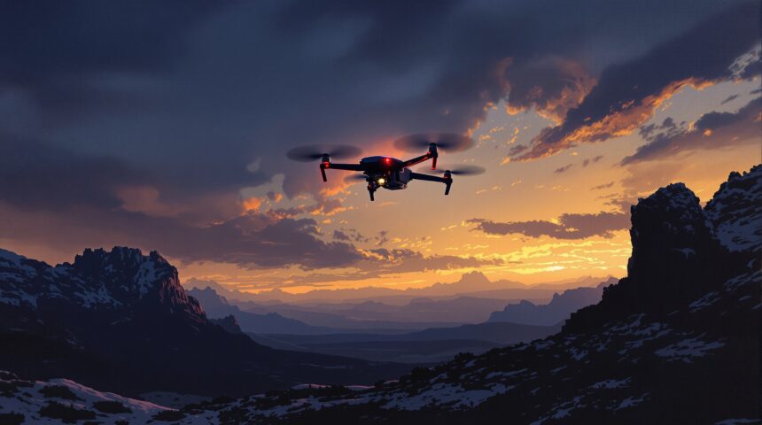 A drone flying over rugged terrain using terrain-relative navigation instead of GPS