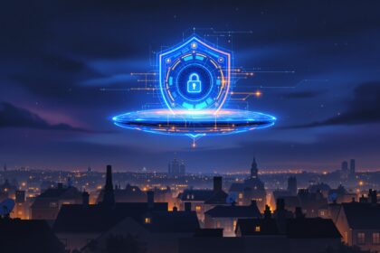 Digital shield over European cityscape at twilight representing Airbus cyber security acquisition of Quarkslab