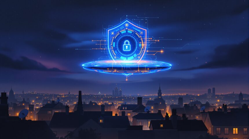 Digital shield over European cityscape at twilight representing Airbus cyber security acquisition of Quarkslab