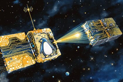 Satellite circuit board with penguin shaped components antenna beam watercolor editorial illustratio