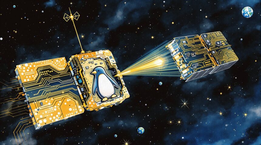 Satellite circuit board with penguin shaped components antenna beam watercolor editorial illustratio