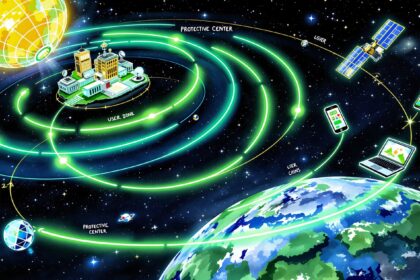 Satellite with four protective concentric rings ground station user devices supply chain watercolor
