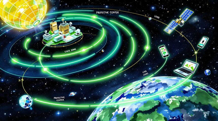 Satellite with four protective concentric rings ground station user devices supply chain watercolor