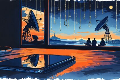 Smartphone with shadowy reflection satellite dish casting shadow executives around table watercolor