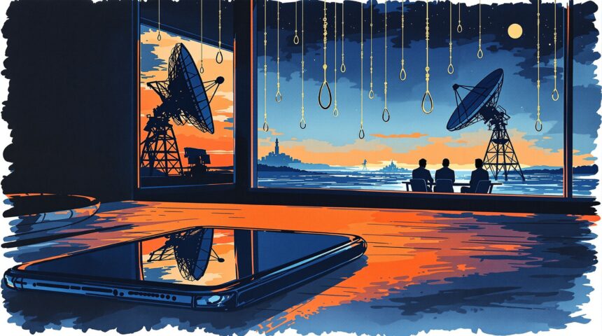 Smartphone with shadowy reflection satellite dish casting shadow executives around table watercolor