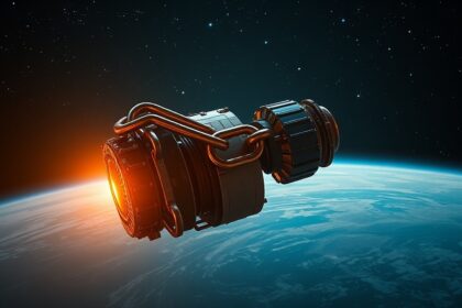 Space Force satellite with chain symbolizing budget freeze