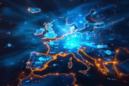 Editorial illustration of European defense simulation with digital twin concept and holographic data streams