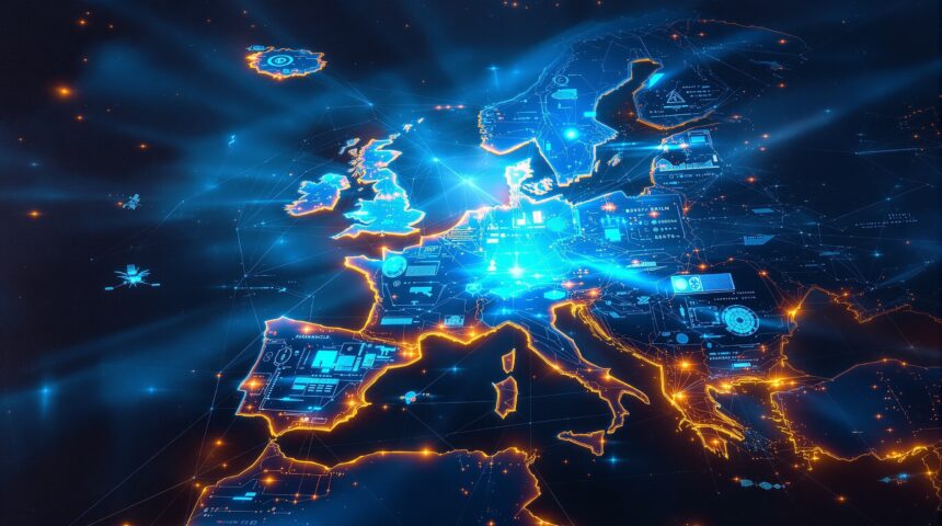 Editorial illustration of European defense simulation with digital twin concept and holographic data streams