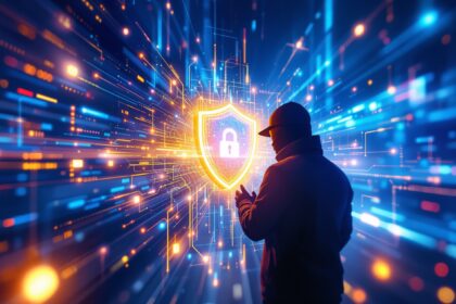 Editorial illustration of cyber security concept with digital shield and AI data streams