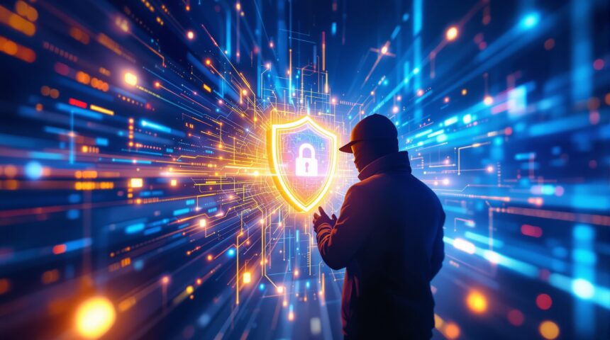 Editorial illustration of cyber security concept with digital shield and AI data streams