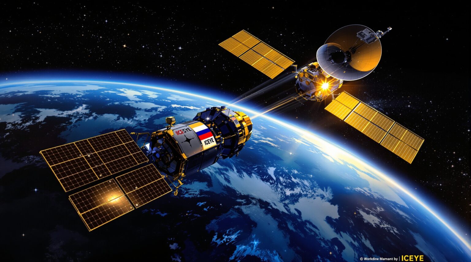 Editorial illustration of two satellites in close orbital proximity with Earth horizon in background