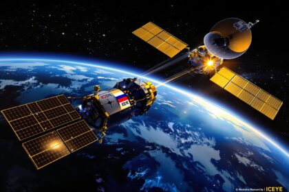 Editorial illustration of two satellites in close orbital proximity with Earth horizon in background