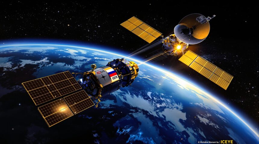 Editorial illustration of two satellites in close orbital proximity with Earth horizon in background