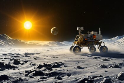 Editorial illustration of a lunar rover on the Moon surface with Earth in the dark sky