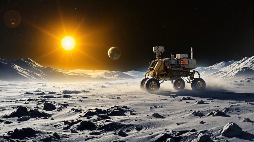 Editorial illustration of a lunar rover on the Moon surface with Earth in the dark sky