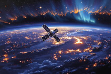 Editorial illustration of an orbital data center in low Earth orbit with solar panels and Earth horizon