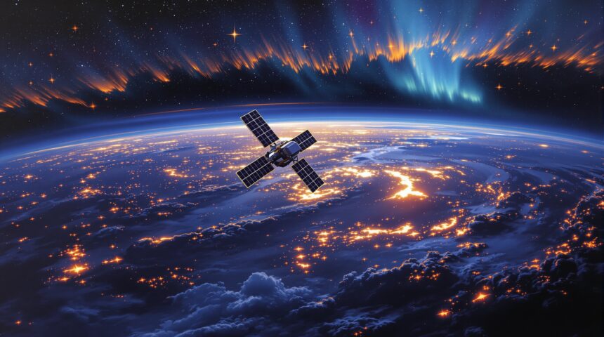 Editorial illustration of an orbital data center in low Earth orbit with solar panels and Earth horizon