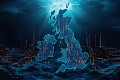 Editorial illustration of undersea cables and cyber attacks with deep ocean and digital threat visualization
