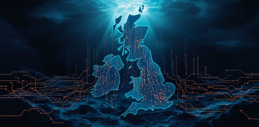 Editorial illustration of undersea cables and cyber attacks with deep ocean and digital threat visualization