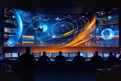 Editorial illustration of a Space Force operations center with glowing monitor wall and satellite tracking data