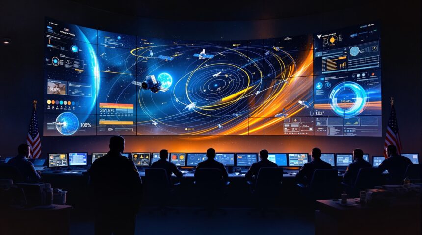 Editorial illustration of a Space Force operations center with glowing monitor wall and satellite tracking data