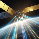 Military GPS satellite with encrypted signal beams in orbit