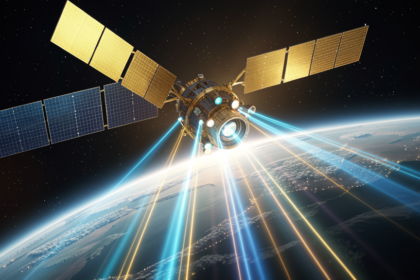 Military GPS satellite with encrypted signal beams in orbit