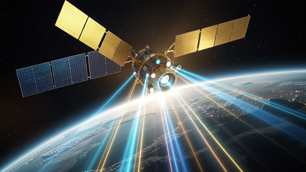 Military GPS satellite with encrypted signal beams in orbit