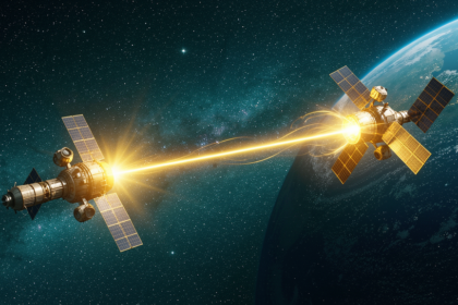 Two satellites connected by a golden laser beam across deep space for wireless power transmission