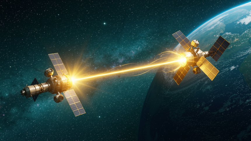 Two satellites connected by a golden laser beam across deep space for wireless power transmission