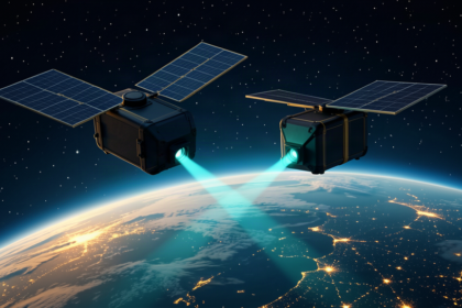 Two compact reconnaissance satellites in formation over Earth's night side