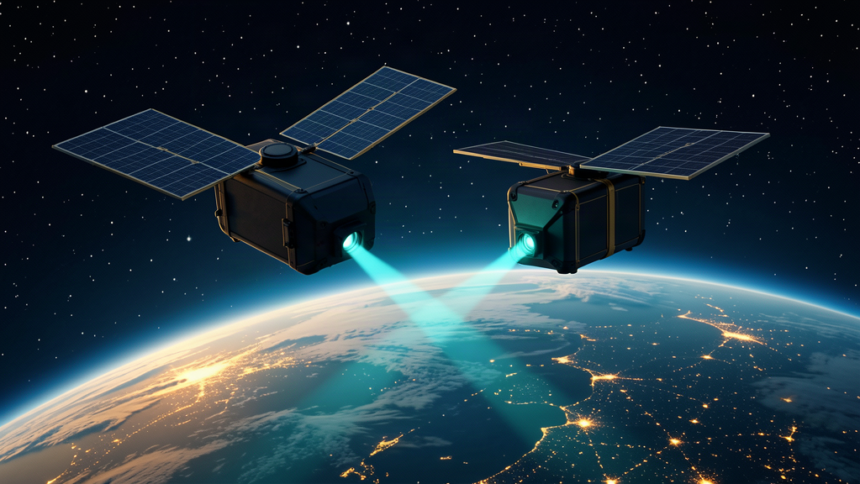 Two compact reconnaissance satellites in formation over Earth's night side