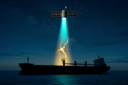 A tanker silhouette at night receiving a broken satellite link beam