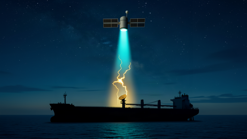 A tanker silhouette at night receiving a broken satellite link beam