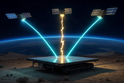 A ground phased-array terminal with signal paths to several satellites