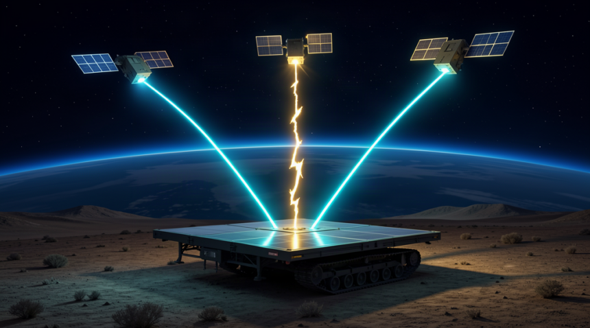 A ground phased-array terminal with signal paths to several satellites
