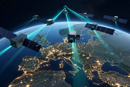 Earth observation satellites over Europe at night with gold city lights