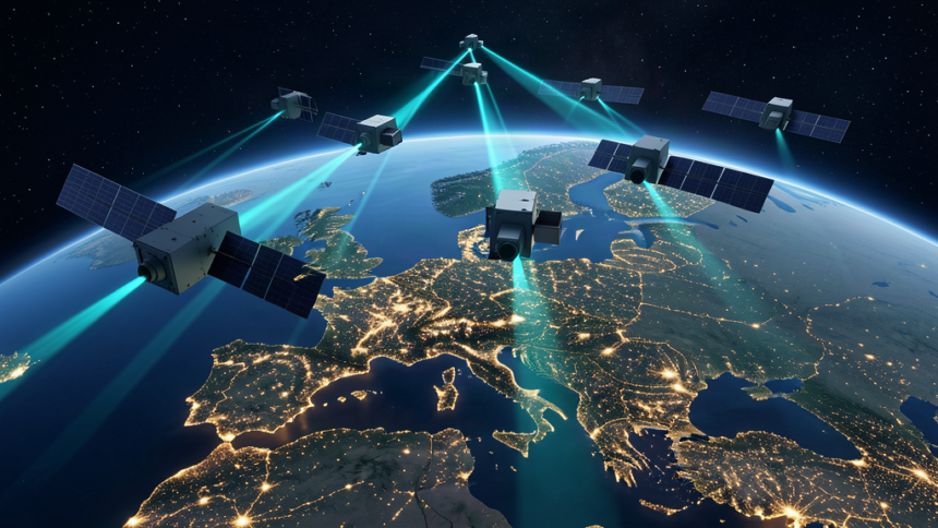 Earth observation satellites over Europe at night with gold city lights
