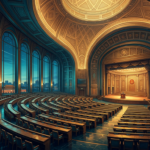 Empty tiered conference hall with gold geometric ceiling and tall windows overlooking a deep blue twilight city skyline