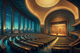 Empty tiered conference hall with gold geometric ceiling and tall windows overlooking a deep blue twilight city skyline