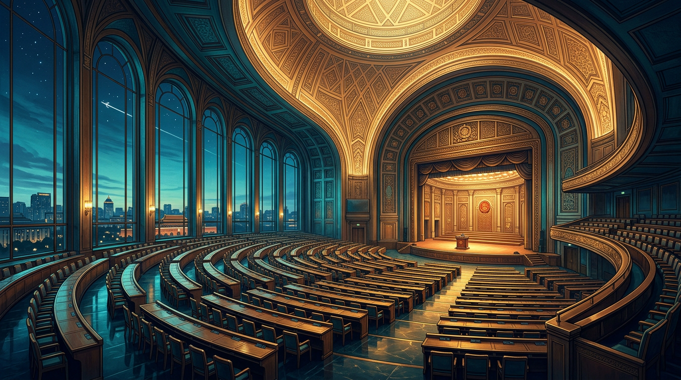Empty tiered conference hall with gold geometric ceiling and tall windows overlooking a deep blue twilight city skyline