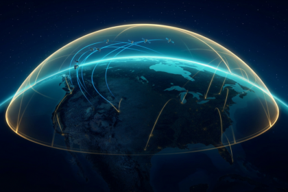 A glowing gold and cyan dome of light arcing over a dark continent, with satellites and ground station beams below