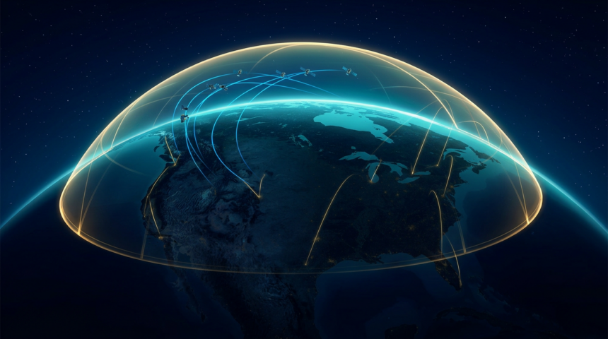 A glowing gold and cyan dome of light arcing over a dark continent, with satellites and ground station beams below