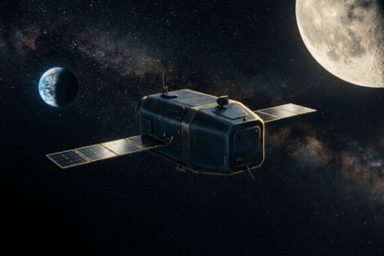 An unmarked surveillance spacecraft with flat solar arrays coasting between Earth and the Moon