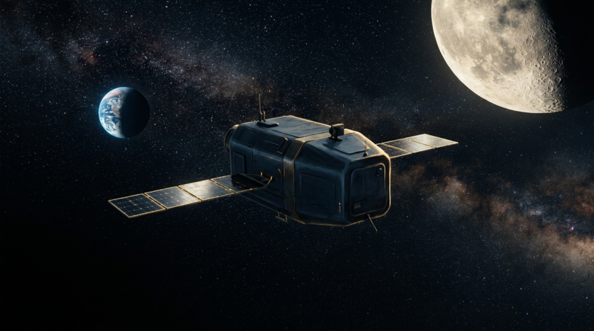 An unmarked surveillance spacecraft with flat solar arrays coasting between Earth and the Moon