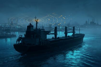 A cargo ship in harbour at dusk with fractured gold signal rings above its navigation mast