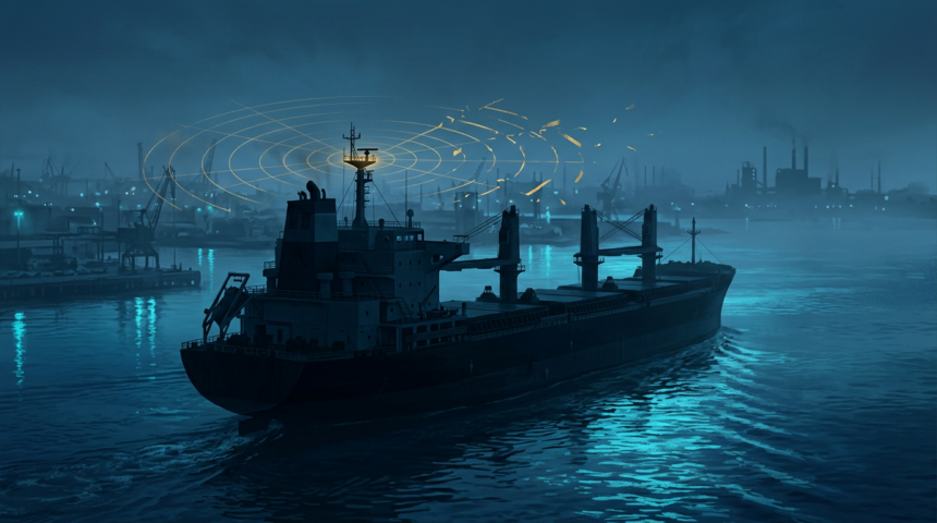 A cargo ship in harbour at dusk with fractured gold signal rings above its navigation mast