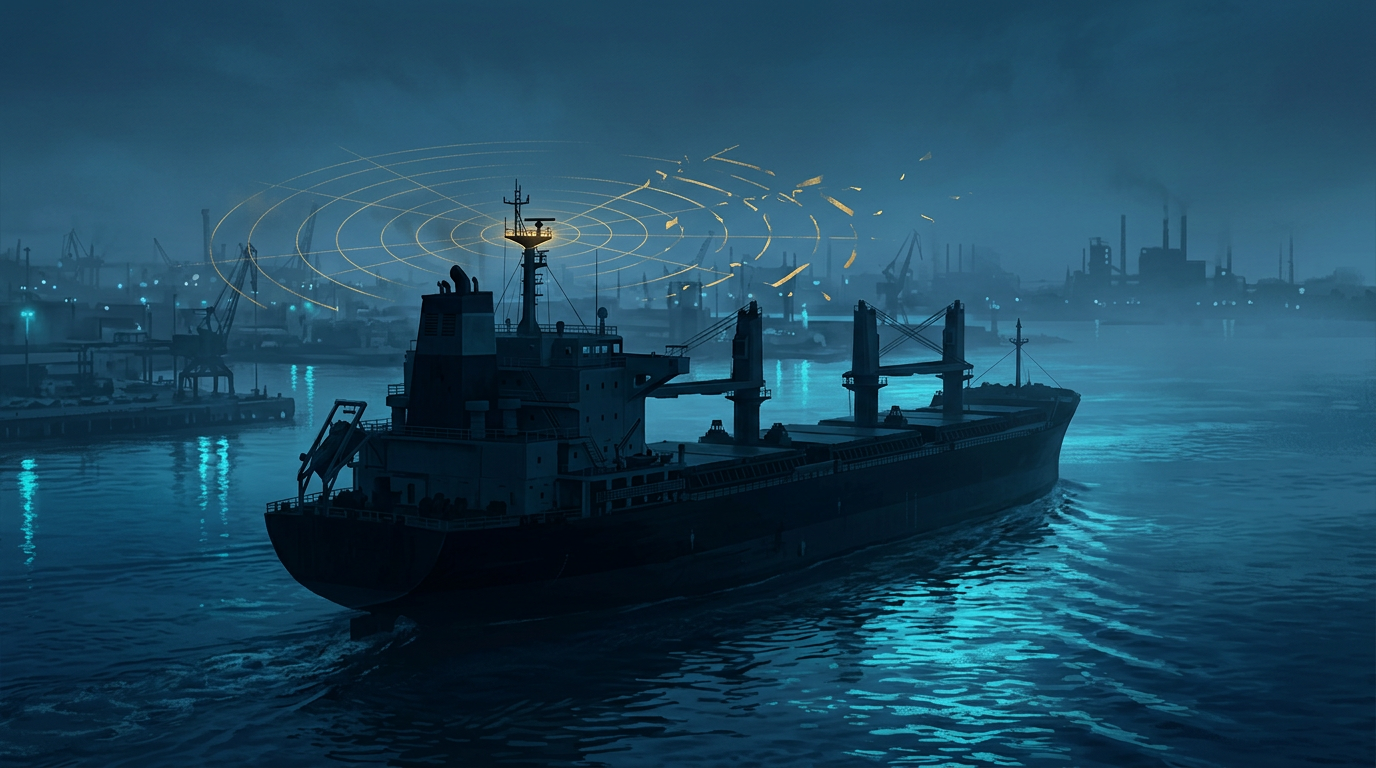 A cargo ship in harbour at dusk with fractured gold signal rings above its navigation mast