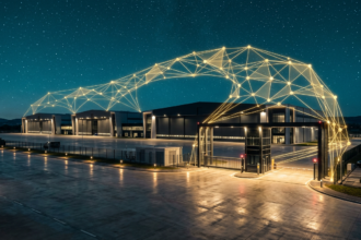 A secure aerospace campus at night beneath a gold network of connected nodes
